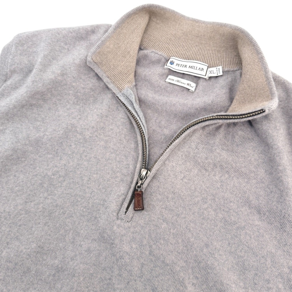 Peter Millar Merino Wool Sweater Vest Mens M Fit (Tag XL) Greyish Tan 1/4 Zip